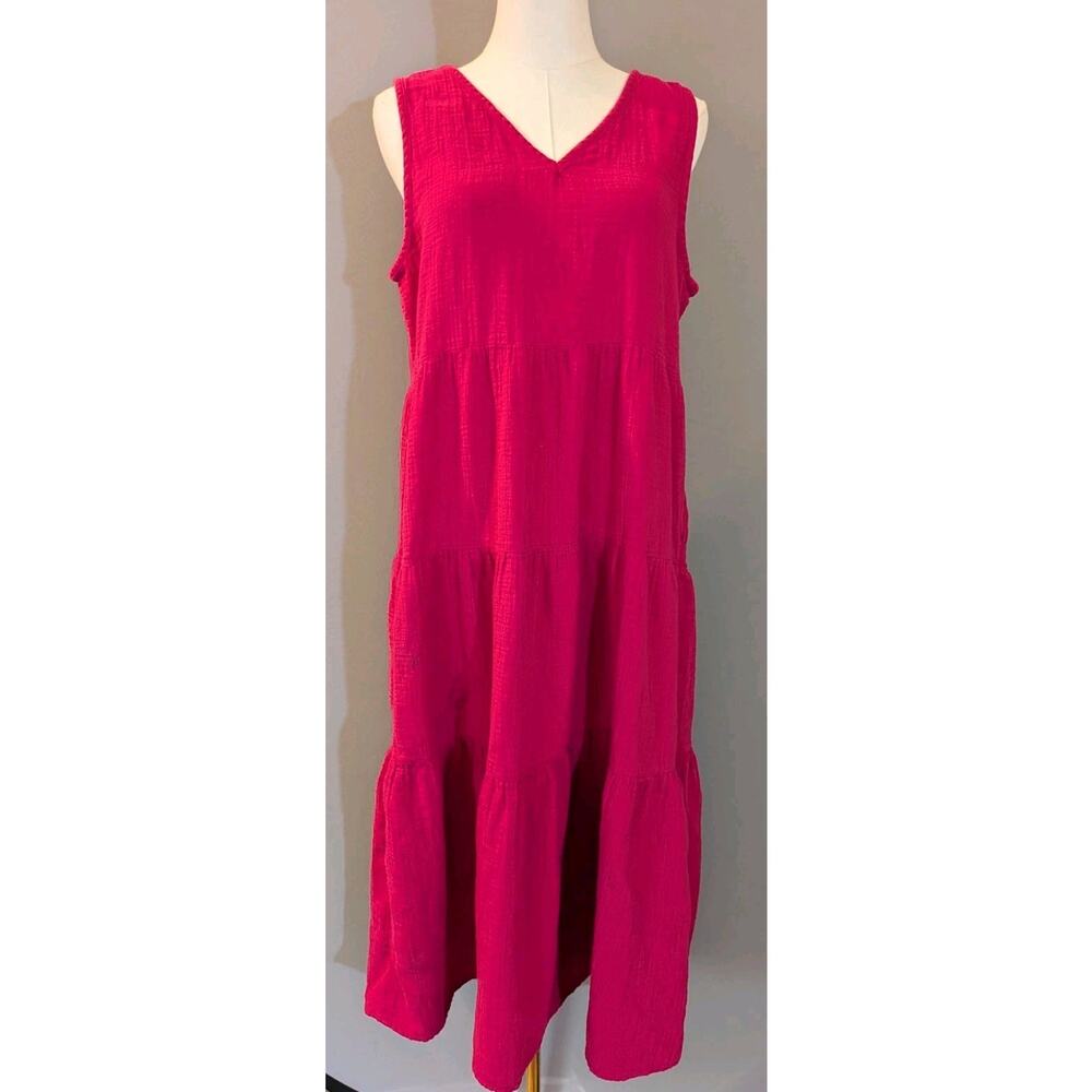 Quince 100% Organic Cotton Sustainable Gauze Tiered Midi Dress Pink Sleeveless L